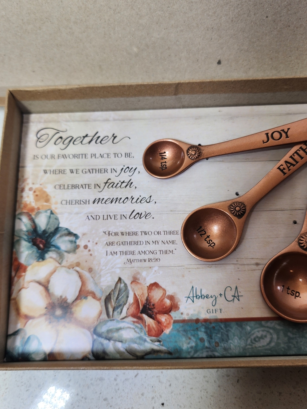 Measuring Spoon Gift Set - Joy Faith Love Memories Cathedral Art Abbey & CA. New - Picture 2 of 5